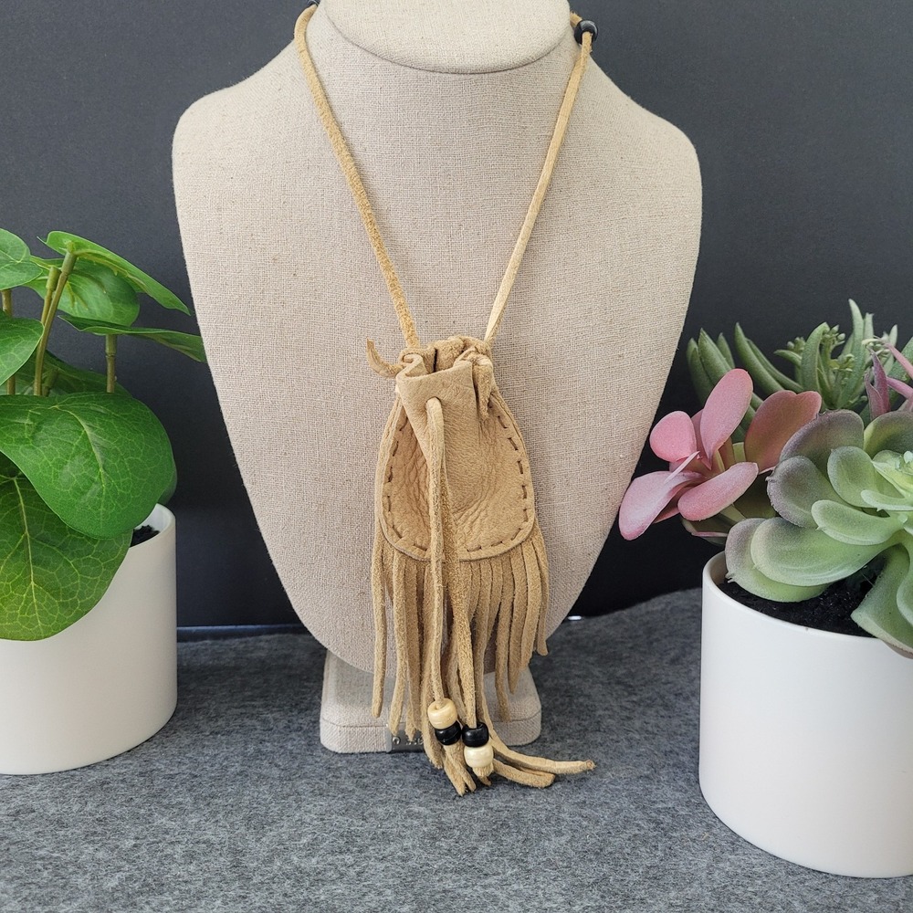 Boho Western Suede Fringe Pouch Necklace Beaded Statement 15in Southwestern